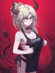  1girl apron bangs bare_shoulders bikini black_apron blonde_hair braid breasts choker collarbone demon_girl demon_horns demon_tail earrings fate/apocrypha fate_(series) french_braid glasses green_eyes hair_ornament hair_scrunchie helltaker highres horns jewelry long_hair looking_at_viewer mordred_(fate) mordred_(fate)_(all) parted_bangs ponytail red_background red_bikini red_choker scrunchie side-tie_bikini sidelocks small_breasts swimsuit tail thighs tonee 