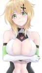  1girl adapted_costume akatsuki_kirika areola_slip areolae blaze_pso2 blonde_hair blush breasts center_opening cleavage covered_nipples elbow_gloves gloves green_eyes hair_ornament highres large_breasts looking_at_viewer navel revealing_clothes senki_zesshou_symphogear shiny shiny_hair shiny_skin short_hair simple_background solo standing upper_body white_background x_hair_ornament 