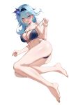  1girl :d absurdres ass bare_arms bare_legs bare_shoulders barefoot bikini black_hairband blue_bikini blue_eyes blue_hair blush breasts collarbone earrings eula_lawrence genshin_impact hair_ornament hairband highres jewelry large_breasts long_hair looking_at_viewer lying on_side open_mouth pulled_by_self simple_background smile solo stomach strap_pull stud_earrings swimsuit thighs white_background yiran 