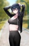  1girl absurdres arms_up bara_(03_bara_) black_hair black_jacket blue_eyes blurry breasts cleavage collarbone commentary_request highres jacket jewelry large_breasts medium_hair midriff navel necklace nike open_mouth original solo sports_bra standing sweat yokoyama_ishimi 