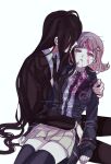  1boy 1girl ahoge bangs black_hair black_jacket black_legwear black_pants black_shirt blood blood_on_face bloody_clothes blunt_bangs bong_(0u0bon) collared_shirt danganronpa_(series) danganronpa_2:_goodbye_despair dress_shirt dying eyebrows_visible_through_hair hair_ornament hairclip half-closed_eyes holding holding_another jacket kamukura_izuru long_hair long_sleeves looking_at_another medium_hair nanami_chiaki neck_ribbon necktie pants pink_blood pink_eyes pink_ribbon pleated_skirt ribbon shirt sitting skirt spoilers thighhighs white_shirt zettai_ryouiki 