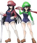  2girls black_hair blue_eyes blue_overalls breasts brown_footwear closed_mouth cosplay full_body gloves green_headwear green_shirt hat highres holding holding_sword holding_weapon katana kill_la_kill kiryuuin_satsuki long_hair long_sleeves looking_at_viewer luigi luigi_(cosplay) mario mario_(cosplay) mario_(series) matoi_ryuuko multicolored_hair multiple_girls over_shoulder overalls rakeemspoon red_headwear red_shirt scissor_blade shirt shoes short_hair side-by-side simple_background standing streaked_hair super_mario_bros. sword sword_over_shoulder thighhighs thighs very_long_hair weapon weapon_over_shoulder white_background white_gloves white_legwear 