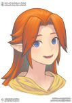  1girl blue_eyes brown_hair commentary english_commentary gofelem long_hair looking_at_viewer malon open_mouth pointy_ears simple_background smile solo the_legend_of_zelda the_legend_of_zelda:_ocarina_of_time white_background 