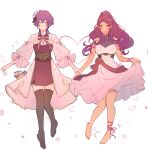  2girls ankle_ribbon bare_shoulders barefoot bernadetta_von_varley blush braid brown_eyes dress earrings eyebrows_visible_through_hair fire_emblem fire_emblem:_three_houses full_body hair_between_eyes highres holding_hands jewelry kvlen long_hair multiple_girls open_mouth petra_macneary purple_hair ribbon simple_background sleeveless thighhighs white_background yuri zettai_ryouiki 