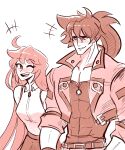  1boy 1girl absurdres ankh aria_(guilty_gear) belt breasts brown_hair covered_abs fingerless_gloves forehead_protector gloves greyscale guilty_gear guilty_gear_strive guilty_gear_xrd hair_between_eyes headband highres jack-o&#039;_valentine long_hair monochrome muscular muscular_male ponytail red_hair scruffyturtles simple_background smile sol_badguy studded_belt very_long_hair yellow_eyes 