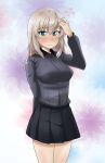  1girl abimaru_gup arm_behind_back bangs black_skirt blue_eyes blush closed_mouth cowboy_shot dress_shirt eyebrows_visible_through_hair floral_background flying_sweatdrops frown girls_und_panzer grey_shirt hand_in_hair hand_on_own_head highres insignia itsumi_erika kuromorimine_school_uniform long_sleeves looking_at_viewer medium_hair miniskirt multicolored multicolored_background pleated_skirt school_uniform shirt silver_hair skirt solo standing twitter_username wing_collar 