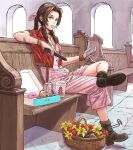  1girl aerith_gainsborough basket beer_can boots bow braid braided_ponytail brown_hair can cellphone church cigarette doughnut dress drill_hair final_fantasy final_fantasy_vii food gun highres jacket long_dress pew phone pink_bow pink_dress raikou_(ff) red_jacket side_drill sitting smartphone solo submachine_gun takeout_container weapon 