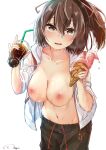  1girl black_shorts breasts brown_eyes brown_hair cup food hair_between_eyes hair_ribbon heart heart-shaped_pupils heart_in_eye highres holding holding_cup holding_food hood hoodie ice_cream ise_(kancolle) kantai_collection large_breasts long_hair male_swimwear_challenge nagi_(shunsuke-manage) navel nipples no_bra open_clothes open_hoodie open_mouth ponytail ribbon short_hair shorts simple_background stomach sweatdrop symbol-shaped_pupils symbol_in_eye wet wet_clothes white_background white_hoodie 