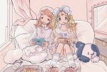  2girls blonde_hair blue_eyes bow chips curtains dress eating food food_in_mouth hair_bow holding holding_food knees_up long_hair medium_hair multiple_girls orange_hair original pillow pizza potato_chips slippers socks toyux2 twintails white_bow white_dress window 