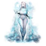  1girl aqua_eyes bodysuit braid breasts frost full_body hair_intakes highres huge_breasts ice jam_(nandade) last_origin long_hair looking_at_viewer mnemosyne_(last_origin) official_art single_braid solo tachi-e thigh_gap transparent_background white_hair wide_hips 