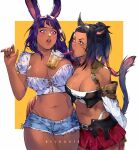  2girls animal_ears bandeau bangs black_hair blue_eyes braid breasts bubble_tea bubble_tea_challenge bunny_ears cat_ears cat_tail cleavage cowboy_shot cup cutoffs dark-skinned_female dark_skin detached_sleeves disposable_cup drinking_straw drinking_straw_in_mouth facial_mark facing_viewer final_fantasy final_fantasy_xiv forehead_jewel highleg highleg_panties highres large_breasts lips long_hair looking_at_another miqo&#039;te multiple_girls navel object_on_breast open_mouth panties pink_eyes pleated_skirt ponytail purple_hair short_hair simon_jude simple_background skirt strapless tail two-tone_background underwear viera whisker_markings 