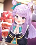  +_+ 1girl absurdres animal_ears bangs blue_bow blue_eyes blurry blurry_background blush bow commentary_request dessert dress elbows_on_table eyebrows_visible_through_hair eyes_visible_through_hair food frilled_dress frills fruit glass hair_bow highres horse_ears ice_cream light_particles long_hair long_sleeves marumaruru mejiro_mcqueen_(umamusume) mirror open_mouth palms_together purple_eyes purple_hair reflection saliva sidelocks sitting smile solo strawberry sundae swept_bangs table umamusume whipped_cream 