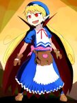  1girl apron artist_request bag blonde_hair blue_headwear brown_bag cape commentary_request curly_hair dress fang gloves goggles goggles_on_head hat long_hair marivel_armitage open_mouth pointy_ears red_eyes ribbon smile solo wild_arms wild_arms_2 