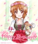  1girl apron artist_name bandages bandaid bangs birthday black_dress boko_(girls_und_panzer) breasts brown_eyes brown_hair cleavage commentary dated dirndl dress english_text eyebrows_visible_through_hair frilled_sleeves frills german_clothes girls_und_panzer happy_birthday head_wreath holding holding_stuffed_toy kuromori_yako looking_at_viewer medium_breasts nishizumi_miho open_mouth petals red_apron short_hair short_sleeves smile solo standing stuffed_animal stuffed_toy teddy_bear waist_apron 