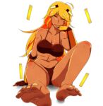  1girl absurdres at2. bangs barefoot bikini bikini_top blaze_(minecraft) blaze_rod blonde_hair breasts cleavage closed_mouth commentary_request dark_skin dirty dirty_feet floating floating_object foreshortening highres large_breasts long_hair looking_at_viewer minecraft navel panties personification shiny shiny_hair shiny_skin simple_background smile solo swimsuit underwear white_background yellow_eyes 