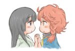  2girls arunsu black_hair blush chibi eye_contact grey_eyes hakumei_(hakumei_to_mikochi) hakumei_to_mikochi holding_hands interlocked_fingers long_hair looking_at_another mikochi_(hakumei_to_mikochi) multiple_girls orange_hair profile short_hair side_braids upper_body white_background yellow_eyes yuri 