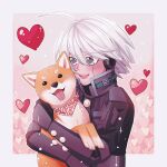  1boy :d ahoge android black_gloves black_jacket blush border cheer_(cheerkitty14) commentary danganronpa_(series) danganronpa_v3:_killing_harmony dog english_commentary gloves grey_hair happy heart highres holding jacket keebo looking_at_animal male_focus medium_hair open_mouth pink_background scarf shiba_inu smile tongue tongue_out upper_body upper_teeth white_border 
