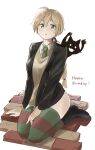  absurdres black_jacket black_ribbon blonde_hair blue_eyes blush braid breasts brick_floor brown_vest green_neckwear hair_between_eyes happy_birthday highres horizontal_stripes jacket lynette_bishop medium_breasts okeke_power_nishiko ribbon silhouette_demon single_braid sitting skindentation strike_witches striped striped_legwear thighhighs thighs vest wariza white_background world_witches_series 