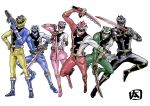  1girl 5boys gun holding holding_gun holding_sword holding_weapon jumping kishiryu_sentai_ryusoulger looking_at_viewer multiple_boys outagaki_yasuo ryusoul_black ryusoul_blue ryusoul_gold ryusoul_green ryusoul_pink ryusoul_red skirt super_sentai sword tokusatsu visor weapon white_background 