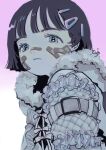  1girl bandaid bandaid_on_face bandaid_on_nose bangs black_hair blue_eyes expressionless extra_pupils frills fur_trim gradient gradient_background hair_ornament hairclip highres looking_at_viewer original purple_background short_hair solo toyux2 upper_body white_background 
