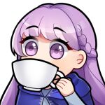  1girl bangs braid cloak commission commissioner_upload cup dress fire_emblem fire_emblem:_the_binding_blade french_braid hwa_rangi long_hair lowres purple_eyes purple_hair sipping sophia_(fire_emblem) teacup transparent_background 
