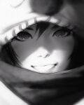  1girl cloak final_fantasy final_fantasy_vii final_fantasy_vii_remake greyscale highres ilya_kuvshinov monochrome no_pupils short_hair smile yuffie_kisaragi 