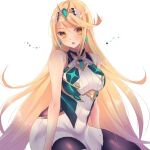  1girl bangs bare_shoulders black_legwear blonde_hair breasts chest_jewel cleavage dress earrings elbow_gloves gem gloves headpiece jewelry large_breasts long_hair looking_at_viewer misosio_uma mythra_(massive_melee)_(xenoblade) mythra_(xenoblade) pantyhose solo super_smash_bros. swept_bangs tiara very_long_hair white_dress xenoblade_chronicles_(series) xenoblade_chronicles_2 yellow_eyes 