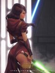  1girl ass brown_hair email_address energy_sword hood hoodie jedi lightsaber medium_hair shadzior solo star_wars sword weapon western 