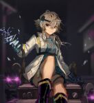  1girl arknights bare_legs black_footwear blue_gloves blue_shirt blurry blurry_background boots breasts chest_strap clay_(clayjun) commentary_request electricity feet_out_of_frame gloves glowing glowing_eyes grey_eyes grey_hair hand_up headlamp highres jacket long_sleeves looking_at_viewer mayer_(arknights) mayer_(visionblazer_in_the_courtyard)_(arknights) medium_breasts meeboo_(arknights) official_alternate_costume open_mouth purple_eyes shirt short_hair_with_long_locks sitting smile solo teeth thigh_strap white_jacket 