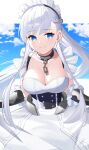  1girl absurdres apron azur_lane belfast_(azur_lane) blue_sky braid breasts broken broken_chain chain cleavage cloud cloudy_sky collar corset cowboy_shot dress elbow_gloves eyebrows_visible_through_hair french_braid frilled_apron frills gauntlets gloves highres huge_filesize large_breasts long_hair low_neckline maid maid_apron maid_headdress outdoors ryuya silver_hair sky solo white_apron white_gloves 