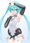  1girl aqua_eyes aqua_hair arm_up armpits bare_shoulders belt black_gloves bridal_gauntlets cowboy_shot doyagao gloves grin hatsune_miku hatsune_miku_(append) highres hip_gear leotard long_hair looking_at_viewer send_himajin smile smug solo thumb_to_chin twintails very_long_hair vocaloid vocaloid_append white_leotard 