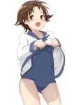  1girl blue_swimsuit brown_eyes brown_hair commentary_request highres looking_at_viewer miyafuji_yoshika open_mouth pen_tsutsuki sailor_collar sailor_shirt school_swimsuit shirt simple_background solo strike_witches sweat swimsuit swimsuit_under_clothes white_background world_witches_series 