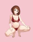  1girl absurdres bare_arms bare_legs bare_shoulders barefoot blush boku_no_hero_academia bra breasts brown_eyes brown_hair cleavage closed_mouth collarbone commentary commission english_commentary full_body highres jason_kim large_breasts lingerie looking_at_viewer navel panties pink_background red_bra red_panties short_hair simple_background skindentation smile solo stomach thick_eyebrows underwear underwear_only uraraka_ochako 