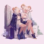  2girls absurdres animal_ears arknights bare_legs beeswax_(arknights) black_gloves black_jacket black_legwear black_skirt carnelian_(arknights) chest_strap collar dress gloves goat_ears goat_girl goat_horns hand_up high_heels highres hood hood_down horns infection_monitor_(arknights) jacket long_coat long_sleeves multiple_girls pillar red_eyes short_hair simple_background sitting sitting_on_object skirt smile talking towne underbust white_background white_dress white_hair white_jacket wide_sleeves yellow_eyes 