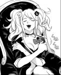  1girl armchair bangs bear_hair_ornament bow breasts chair choker cleavage closed_eyes collarbone crossed_arms danganronpa:_trigger_happy_havoc danganronpa_(series) enoshima_junko greyscale hair_ornament highres long_hair monochrome open_mouth rei_(tdn_ng) sitting sleeves_rolled_up smile solo translation_request twintails 