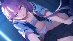  1boy 1girl bag breasts cleavage collarbone dutch_angle eyebrows_visible_through_hair floating_hair fundoshi game_cg girl_on_top grisaia_(series) grisaia_phantom_trigger hair_between_eyes highres ikoma_murasaki japanese_clothes long_hair looking_at_viewer navel official_art open_clothes open_shirt pink_hair pov purple_eyes sailor_collar sarashi shirt short_sleeves small_breasts very_long_hair watanabe_akio white_sailor_collar white_shirt 