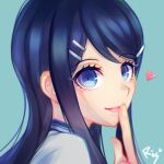  1girl bangs blue_eyes blue_hair closed_mouth commentary_request danganronpa:_trigger_happy_havoc danganronpa_(series) eyebrows_visible_through_hair face finger_to_mouth hair_ornament hairclip heart long_hair looking_at_viewer maizono_sayaka portrait rissu school_uniform signature simple_background smile solo 