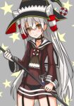  1girl amatsukaze_(kancolle) black_headwear black_panties brown_dress brown_eyes commentary_request cowboy_shot daichi_(daiti1318) dress garter_straps gloves grey_background hair_tubes hat highres kantai_collection lifebuoy_ornament long_hair panties sailor_dress see-through short_dress silver_hair single_glove solo staff starry_background two_side_up underwear white_gloves windsock witch_hat 