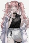  1girl bangs bear_hair_ornament belt black_choker blue_eyes bracelet breasts choker cleavage coat cowboy_shot danganronpa:_trigger_happy_havoc danganronpa_(series) enoshima_junko finger_to_mouth grey_background hair_ornament hand_up jewelry large_breasts long_hair looking_to_the_side muuyiie nail_polish o-ring off_shoulder open_mouth shirt shirt_tucked_in shorts simple_background single_sleeve smile thigh_strap twintails upper_teeth white_coat white_nails white_shorts 