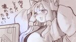  1girl animal_ears beads blush breasts commentary fox_ears hair_beads hair_ornament highres japanese_clothes kimono large_breasts long_hair microa monitor monochrome open_mouth sepia solo surprised touhoku_itako translated very_long_hair voiceroid wide-eyed 