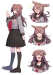  1girl :3 :d =_= alternate_costume alternate_hairstyle angry animal_ears black_legwear black_skirt blush bone_hair_ornament bone_print brown_eyes brown_hair cartoon_bone choker clenched_teeth commentary cropped_torso dog_ears dog_girl ear_wiggle fang full_body grey_serafuku hair_down hair_ornament highres hololive inugami_korone kneehighs loafers long_hair long_sleeves looking_at_viewer mikan_(chipstar182) multiple_views neckerchief one_eye_closed open_mouth pleated_skirt sailor_collar school_uniform serafuku shoes simple_background skirt smile standing teeth v-shaped_eyebrows virtual_youtuber white_background 