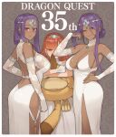  3girls ;) alena_(dq4) anniversary arm_at_side arm_up backless_dress backless_outfit bangs bare_shoulders blunt_bangs blush border breasts circlet cleavage closed_mouth commentary_request copyright_name dark-skinned_female dark_skin detached_sleeves dragon_quest dragon_quest_iv dress earrings gloves hair_between_eyes hair_bun hand_in_hair hand_on_hip jewelry large_breasts long_hair long_sleeves looking_at_viewer manya minea multiple_girls one_eye_closed orange_hair pelvic_curtain purple_hair red_eyes shaded_face shoe-ji sidelocks smile standing stuffed_toy tassel tiara v-shaped_eyebrows wallpaper_(object) white_border white_dress white_gloves 