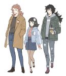  1girl 2boys alternate_costume bangs black_hair blue_eyes brown_coat brown_legwear casual coat cup denim denim_skirt disposable_cup fox_mask hair_ornament hands_in_pockets highres holding holding_cup hood hood_down hooded_jacket jacket jeans kimetsu_no_yaiba long_hair long_sleeves makomo_(kimetsu) mask multiple_boys pants pantyhose papajay_(jennygin2) parted_lips red_hair sabito_(kimetsu) shirt short_hair simple_background skirt smile standing tomioka_giyuu torn_clothes torn_jeans torn_pants white_background 