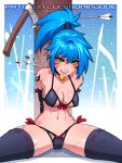  1girl abs arrow_(projectile) artist_name axe bell bikini blue_hair breasts choker english_commentary green_eyes medium_breasts navel neck_bell open_mouth original patreon_username ponytail ronindude sitting solo swimsuit teeth thighhighs tongue watermark yin_yang_tattoo 