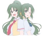  2girls back-to-back bow bowtie breasts commentary_request eyebrows_visible_through_hair green_eyes green_hair hair_between_eyes higurashi_no_naku_koro_ni long_hair looking_at_viewer mugisawa_(kmh0d) multiple_girls one_eye_closed open_mouth ponytail red_neckwear shirt siblings sisters sonozaki_mion sonozaki_shion striped striped_neckwear tongue tongue_out twins upper_body vest white_shirt yellow_vest 