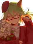  1girl 451264852 demon_girl demon_horns flower funamusea glasses green_hair hat holding holding_flower horns long_hair looking_at_viewer one_eye_closed orange_eyes short_hair single_horn smile yosafire 