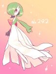  :d amezawa_koma gardevoir gen_3_pokemon gradient gradient_background hair_ornament looking_at_viewer no_humans number one_eye_covered open_mouth pink_background pokedex_number pokemon pokemon_(creature) smile solo 