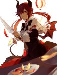  1girl 451264852 :o apple bat_wings black_dress demon_girl demon_horns demon_tail demon_wings dialo dress food fruit funamusea haiiro_teien horns knife long_hair looking_at_viewer plate red_eyes red_hair tail wings 