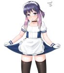  1girl alternate_costume apron black_legwear blouse cowboy_shot enmaided frilled_apron frills gradient_hair highres kantai_collection looking_at_viewer maid maid_headdress maru_(marg0613) multicolored_hair puffy_sleeves purple_eyes purple_hair short_hair short_hair_with_long_locks sidelocks simple_background skirt_hold solo thighhighs tsushima_(kancolle) twitter_username waist_apron white_apron white_background white_blouse white_hair 