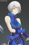  1girl bare_shoulders breasts card closed_mouth commentary dress elizabeth_(persona) gloves gofelem hat looking_at_viewer persona persona_3 short_hair simple_background sleeveless smile solo white_hair yellow_eyes 